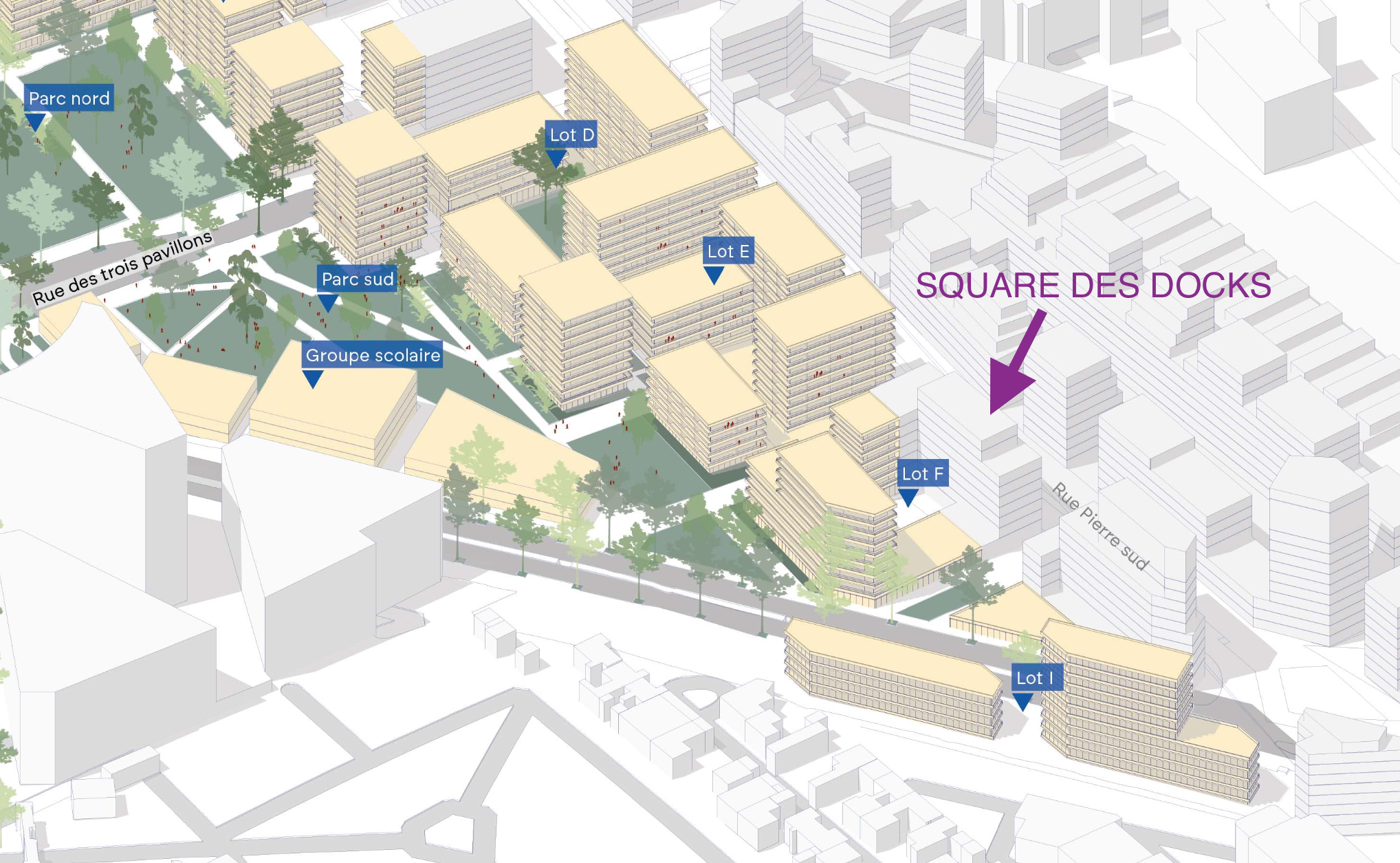 Vue 3D masse ZAC Seine Libérté – Square des Docks en arrière-plan